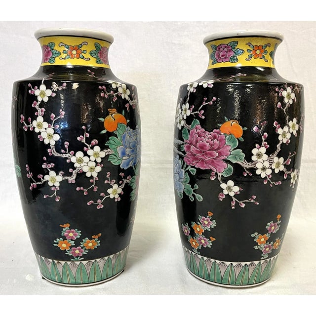 Mid Century Chinoiserie Birds With Peonies Hand Painted Porcelain Vases- a Pair For Sale - Image 4 of 12