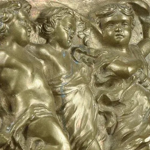 Brass Fusion Plaque with Cherubs and Dancing Musicians For Sale - Image 4 of 8