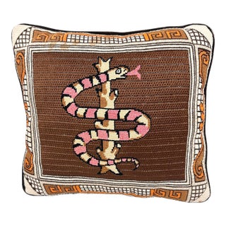 Vintage Handmade Folk Art Snake & Tree Branch Needlepoint Accent Pillow For Sale