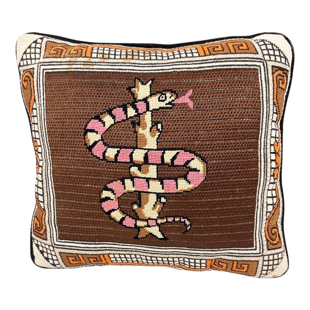 Vintage Handmade Folk Art Snake & Tree Branch Needlepoint Accent Pillow For Sale