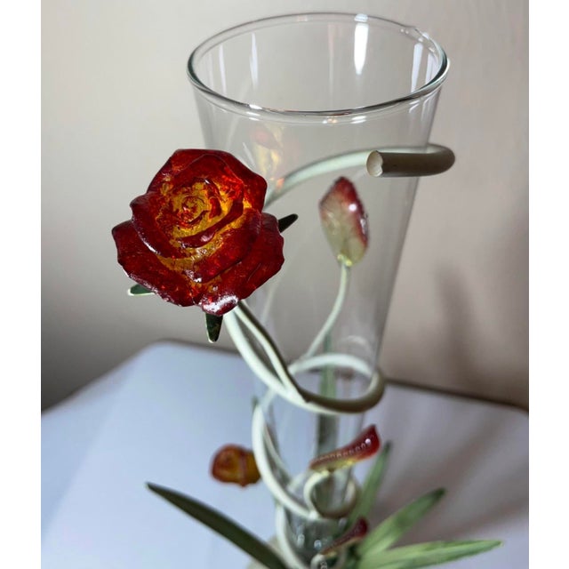 Unique Mid Century Italian Tall Tole Floral Vase with acrylic rose flowers & leaves and removable glass insert. The...