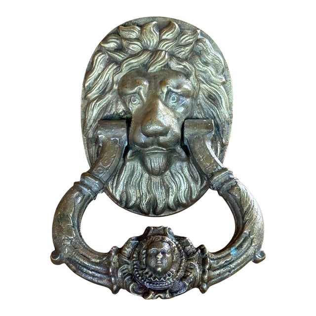 19th Century English Bronze Lion Door Knocker With Cherub Mask For Sale