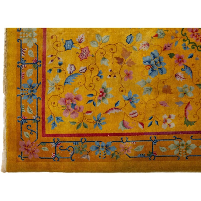 Antique 1920s Chinese Art Deco Rug in Goldenrod With Floral Motif For Sale - Image 4 of 10