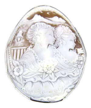 Cameo Extra Large Oval Shell Two Women 18k White Gold Pendant Pin Brooch