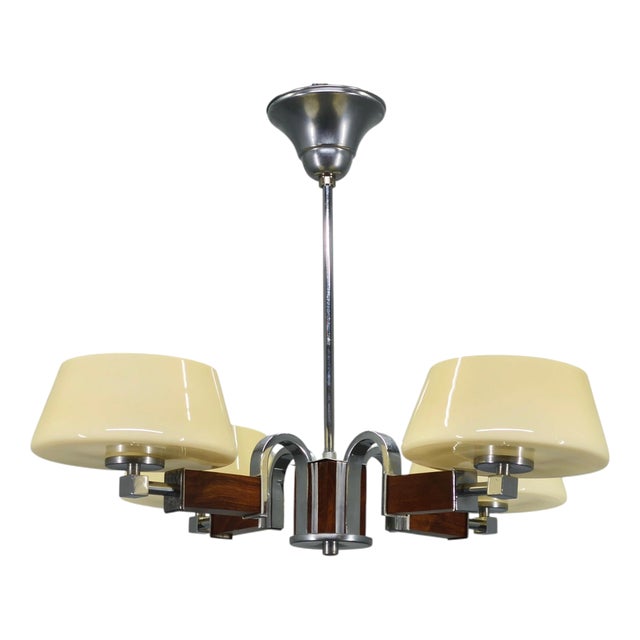 Art Deco Chandelier in Chrome, Wood and Glass, Czechoslovakia, 1930s For Sale
