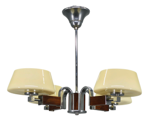 Art Deco Chandelier in Chrome, Wood and Glass, Czechoslovakia, 1930s