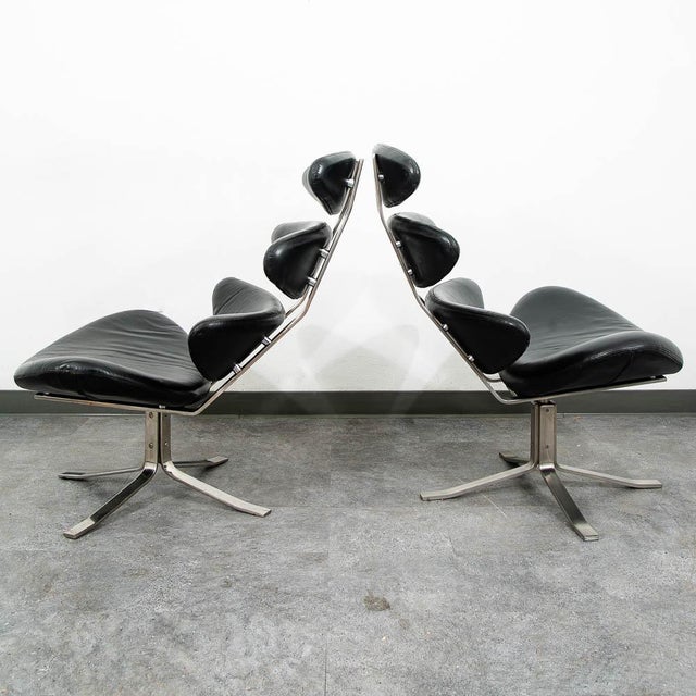 Mid-Century Modern Mid Century Danish Modern Lounge Chairs Corona Set of 2 Black Chrome Ottoman MCM For Sale - Image 3 of 11