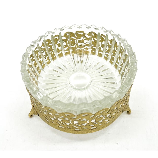 Vintage Hollywood Regency Gold-Tone Filigree & Glass Footed Dish — Candy / Nut Bowl / Vide Poche For Sale - Image 13 of 15