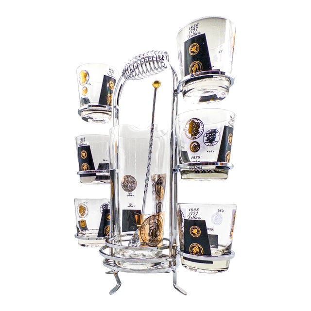 Mid 20th Century Cera 22k Gold & Black Coin Cocktail Mixer Chrome Caddy Cocktail Set- 9 Pieces For Sale