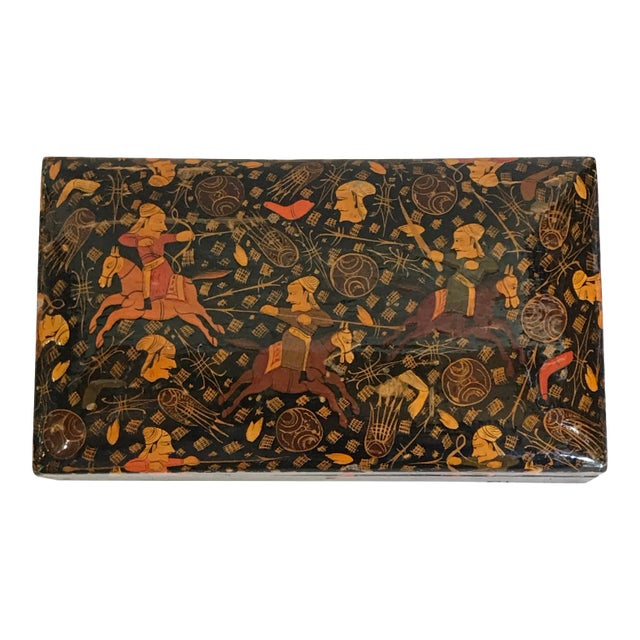 Vintage Kashmir Paper Mache Hand Painted Covered Box For Sale