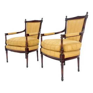 Pair Gold Silk Upholstery Fine Carved Acorn Finials Lounge Fireside Chairs MINT! For Sale