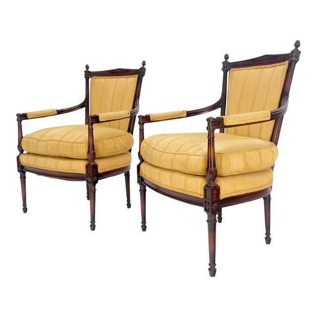 Pair Gold Silk Upholstery Fine Carved Acorn Finials Lounge Fireside Chairs MINT! For Sale