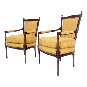 Pair Gold Silk Upholstery Fine Carved Acorn Finials Lounge Fireside Chairs MINT!
