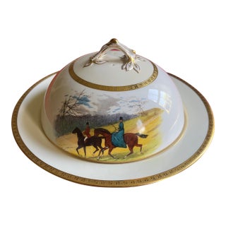 Antique Minton Porcelain Equestrian Covered Dish With Hand Painted Horses and Riders by J. E. Dean For Sale