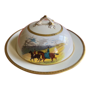 Antique Minton Porcelain Equestrian Covered Dish With Hand Painted Horses and Riders by J. E. Dean