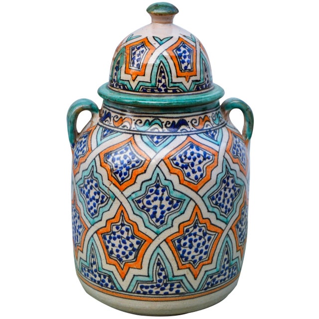 Antique handcrafted and glazed Moroccan ceramic vase from Fez, Morocco with an intricately hand-painted Moorish pattern in...