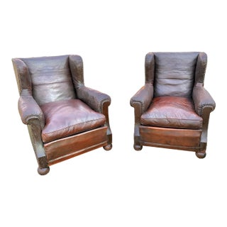 1930 Classic English Wingback Leather Club Armchairs- a Pair For Sale