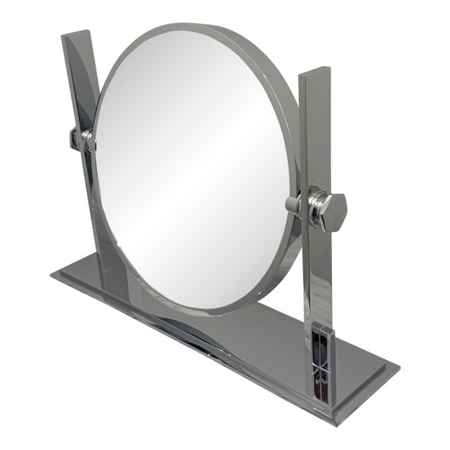 Karl Springer Chrome Table Mirror — Mid-Century Modern Vanity / Desk Mirror, 26″ W For Sale