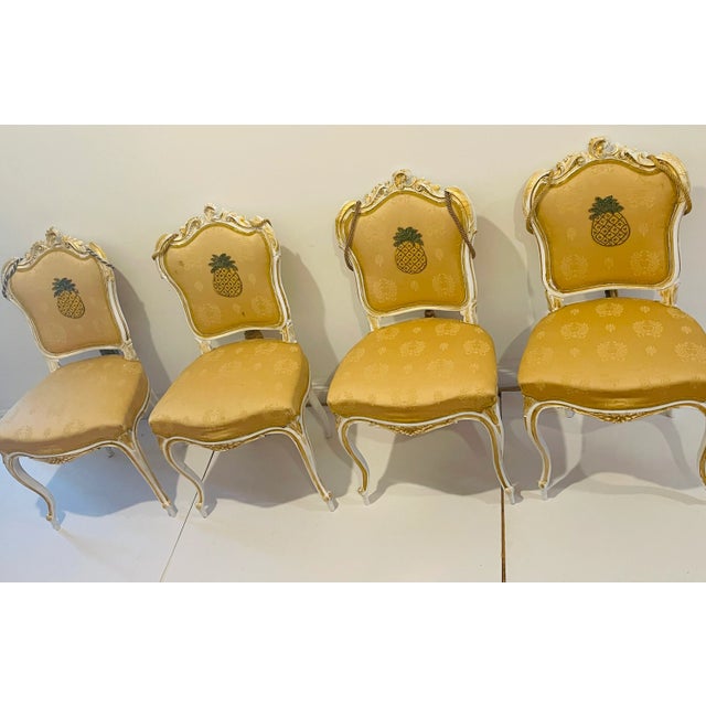 19 th c French antique handcarved walnut Louis XVI style chairs, painted white with gold wash, decorated with beaded pine...