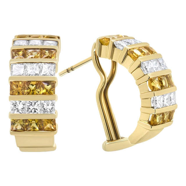 18K Yellow Gold 1 3/4 Cttw Invisible Set Princess Cut Diamond and 2.5mm Yellow Sapphire Huggie Hoop For Sale
