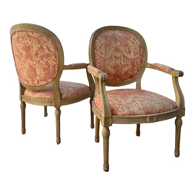 Late 20th Century Pair of Louis XVI Style Armchairs Upholstered in Terra Cotta Toile De Jouy For Sale