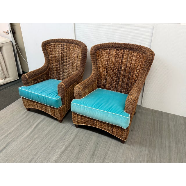 Art Nouveau Rattan Wingback Mid 20th Century Chairs, Pair For Sale - Image 3 of 12
