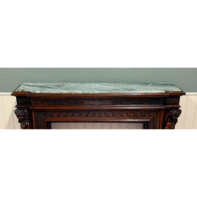 Wood Antique French Fireplace Mantel Surround Marble Top Renaissance Revival Oak 19c For Sale - Image 7 of 18