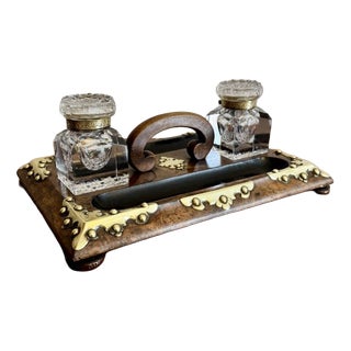Antique Victorian Burr Walnut and Brass Mounted Double Sided Desk Set, 1860, Set of 3 For Sale