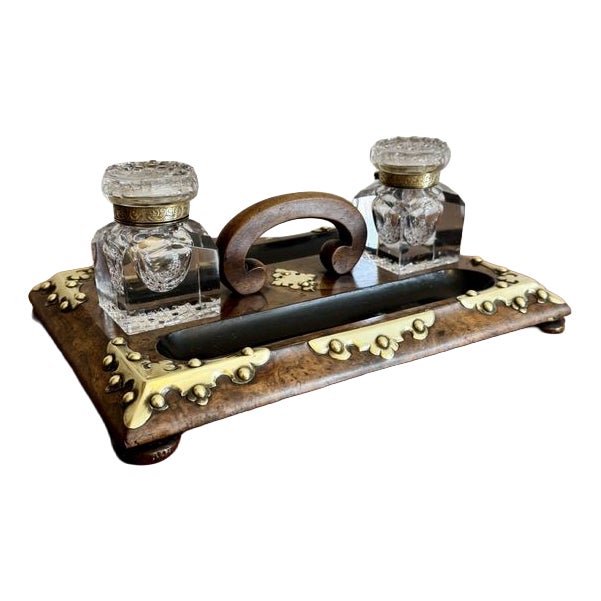 Antique Victorian Burr Walnut and Brass Mounted Double Sided Desk Set, 1860, Set of 3 For Sale