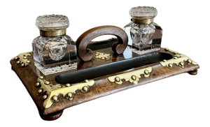 Antique Victorian Burr Walnut and Brass Mounted Double Sided Desk Set, 1860, Set of 3