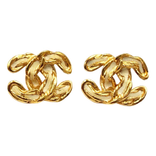 Chanel Vintage Gold Plated CC White Enamel Chain Piercing Earrings, A Pair For Sale