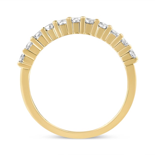 Contemporary 14K Yellow Gold Plated .925 Sterling Silver 1/2 cttw Shared Prong Set Brilliant Round-Cut Diamond 11 Stone Band Ring - Size 7 For Sale - Image 3 of 6