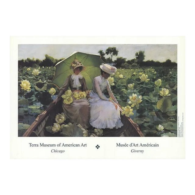 1999 Charles C. Curran 'Lotus Lilies' Pastel White, Yellow, Black & Blue Offset Lithograph For Sale