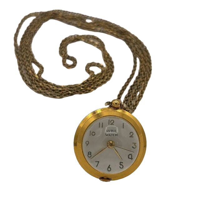 1950s French Gold Bubble Pendant Watch W/ Skeleton View by Avril With 14k Gold Chain For Sale