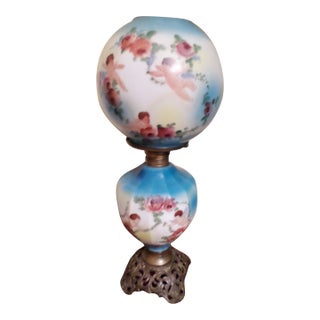 Antique GWTW Porcelain 20" Lamp & Ornate Brass Base W/ Hand Painted Cherubs For Sale