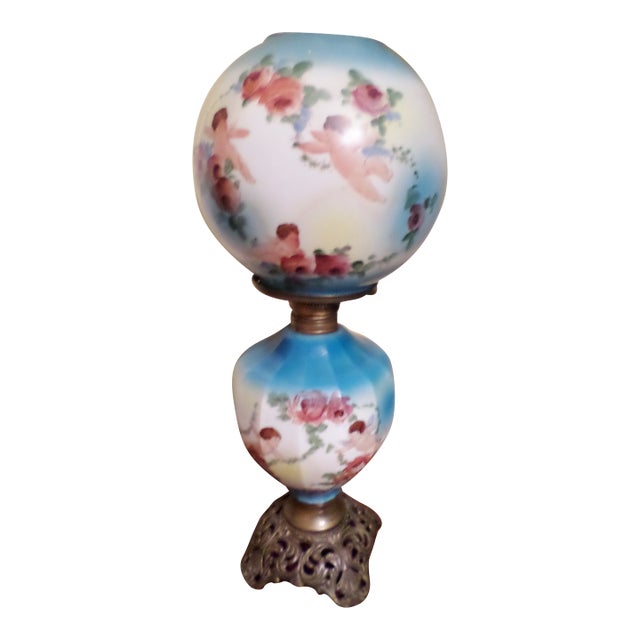 Antique GWTW Porcelain 20" Lamp & Ornate Brass Base W/ Hand Painted Cherubs For Sale