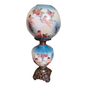 Antique GWTW Porcelain 20" Lamp & Ornate Brass Base W/ Hand Painted Cherubs