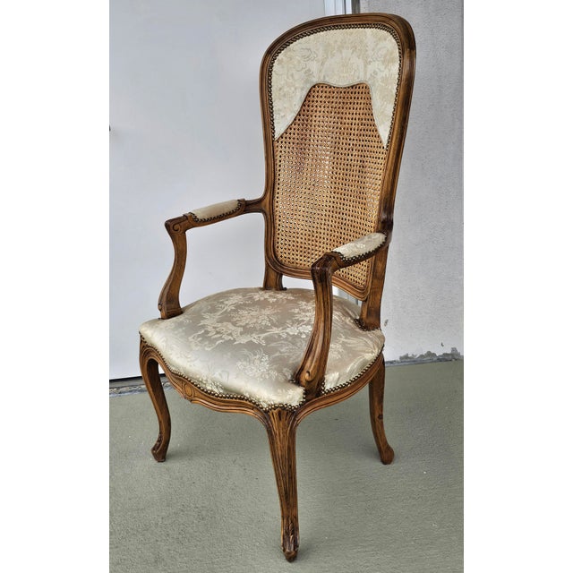 Champagne Late 20th Century Louis XV Style Brass Nail Studded, Caned and Partial Upholstered Fauteuil For Sale - Image 8 of 11