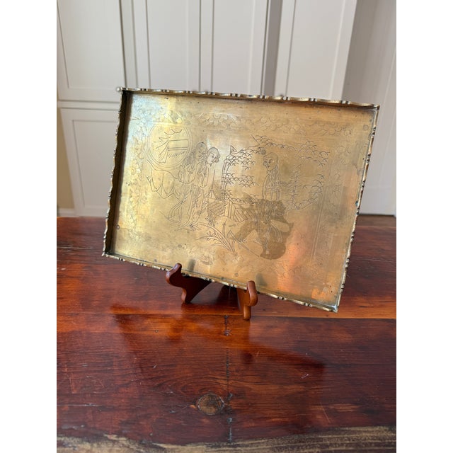 Brass Antique Early 20th Century Engraved Chinese Brass Opium Tray With Scalloped Rim For Sale - Image 8 of 17