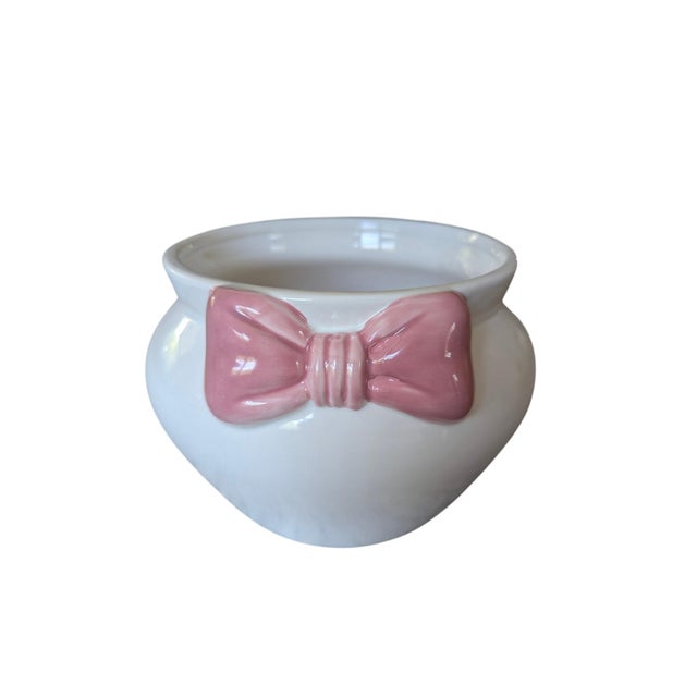 Grandmillenial White Ceramic Fishbowl Planter With Pink Bow For Sale In Charlotte - Image 6 of 14