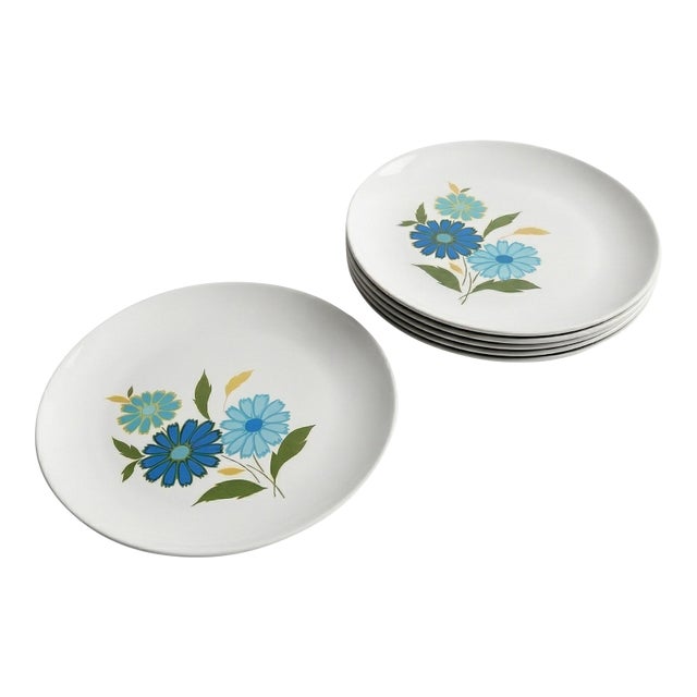 Mid Century American Ironstone Blue Flower Dinner Plates - Set of 6 For Sale