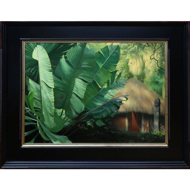 The artwork depicts a lush jungle scene, dominated by large, vibrant green leaves that create a sense of depth and...
