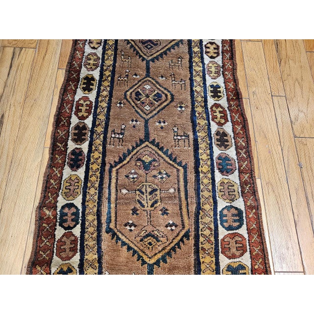Antique 19th C. Persian Kurdish Tribal Runner Rug, Hand-Knotted Wool, Geometric Pattern, 3x10, Camelhair & Ivory For Sale - Image 10 of 15