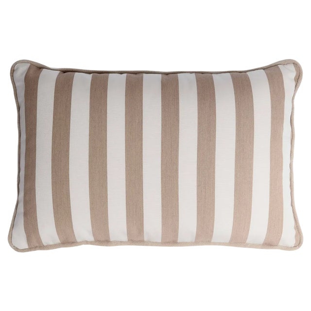 Striped Outdoor Happy Frame Pillow Beige and White with Piping For Sale
