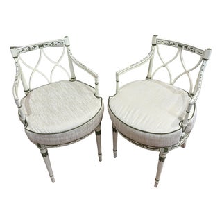 Pair of Painted Neoclassical Armchairs in Cream & Sage Green – Directoire Style Style For Sale