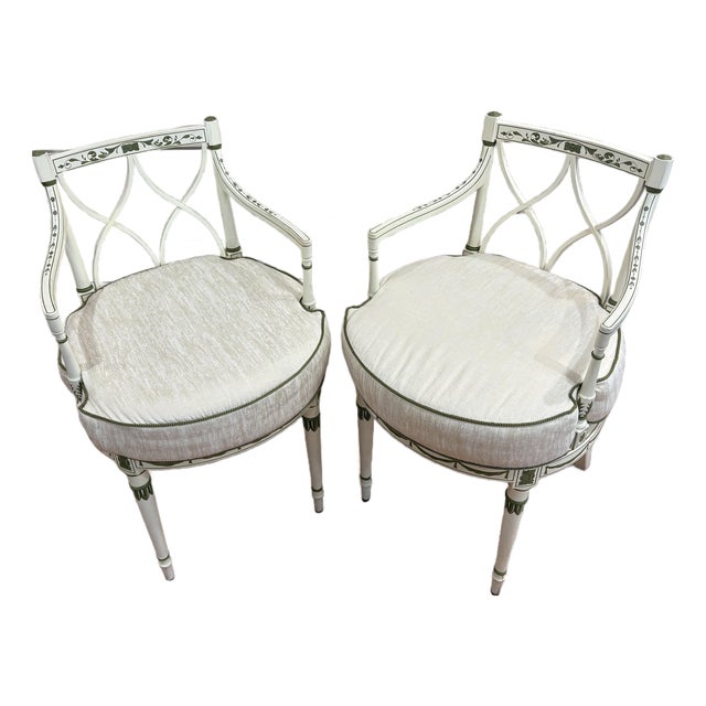 Pair of Painted Neoclassical Armchairs in Cream & Sage Green – Directoire Style Style For Sale