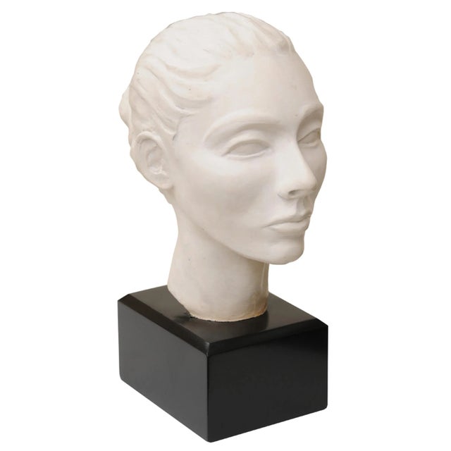 Vintage Plaster of Paris Female Head Bust Sculpture on Black Wood Base, Restored, Italy, 1960's For Sale - Image 10 of 10