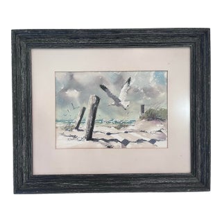 1970s J. Everett Draper Original Coastal Watercolor of Seagulls Over Beach. For Sale