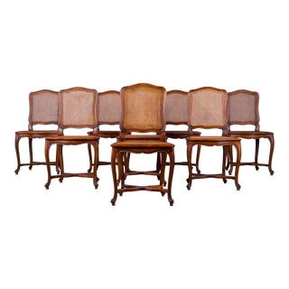 Antique French Louis XV Style Provincial Cherry Wood Cane Dining Chairs - Set of 8 For Sale