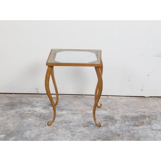 Gold French Mid-Century Gilt Metal Side Table With Square Glass Top and Cabriole Legs For Sale - Image 8 of 10